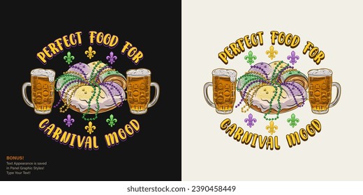 Carnival funny Mardi Gras label with two glasses of beer, traditional king cake, fleur de lis, text. For prints, clothing, t shirt, surface design. Vintage illustration with editable font style Not AI