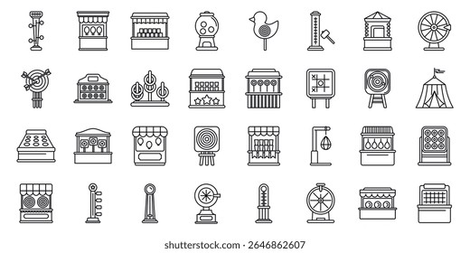  Carnival game icons set. Amusement park attractions offering entertainment and challenges for families and friends