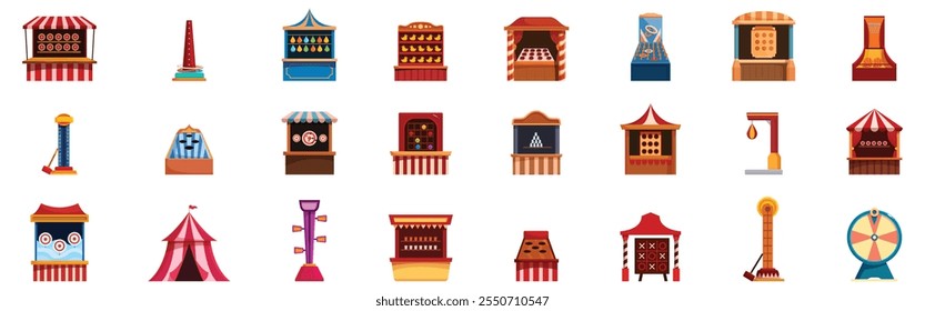 Carnival game icons set. Collection of colorful carnival games and attractions, providing amusement and excitement for visitors of all ages