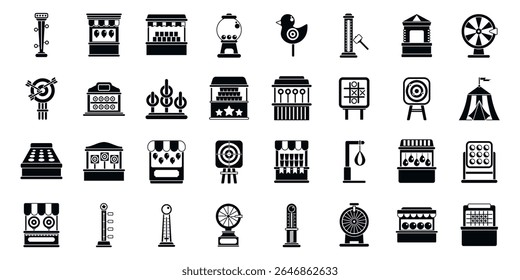  Carnival game icons set. Various amusement park games and activities offering entertainment and excitement for visitors of all ages