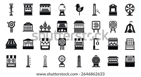  Carnival game icons set. Various amusement park games and activities offering entertainment and excitement for visitors of all ages