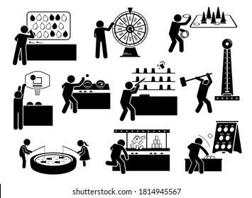 Carnival games and theme park activities stick figures icons. Vector illustrations of people playing funfair games at booth.