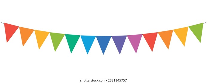 carnival garland, birthday party decoration, string of flags, colorful pennants banner, panoramic vector illustration