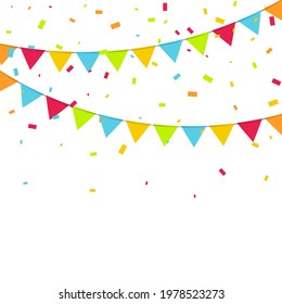 Carnival garland with colorful flags and festive confetti. Vector multicolored buntings for holiday design. Illustration with greeting pennants.