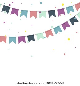 Carnival garland with colorful flags and festive confetti. Vector multicolored buntings for holiday design. Illustration with greeting pennants.