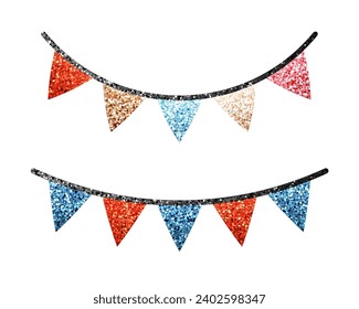 Carnival garland with colorful glittering flags isolated on white background for birthday celebration, Christmas festival. Vector illustration.