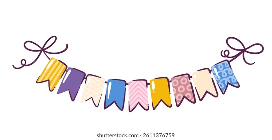 Carnival garland with flags, birthday bunting. Funny hanging string of colorful pennant with different pattern. Party, event decoration, mascot, garland cartoon vector illustration