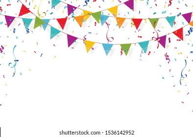 Carnival garland with flags and confetti. Festive multicolored buntings for holiday design