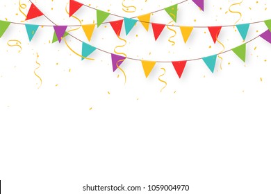 Carnival garland with flags, confetti and ribbons. Decorative colorful party pennants for birthday celebration, festival and fair decoration. Holiday background with hanging flags. Vector