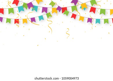 Carnival garland with flags, confetti and ribbons. Decorative colorful party pennants for birthday celebration, festival and fair decoration. Holiday background with hanging flags. Vector
