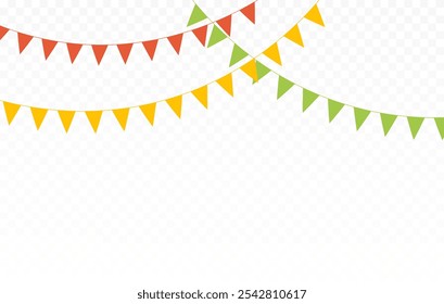 Carnival garland flags decoration on transparent background. Holiday, birthday, circus border decoration.
