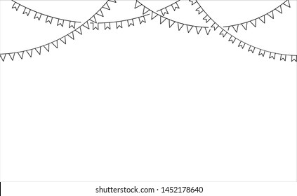 Carnival garland with flags. Decorative black and white party pennants for birthday celebration, festival and fair decoration. Vector outline, line art isolated on white background.