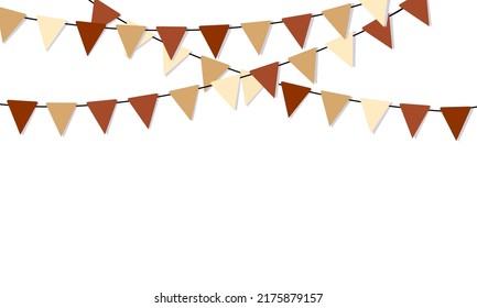 Carnival garland with flags. decorative brown color party pennants for birthday celebration, vector bunting, happy holiday card, poster.