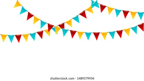 Carnival garland with flags. Decorative colorful party pennants for birthday celebration, festival and fair. Design elements for decoration of greetings cards, invitations.