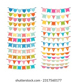 Carnival garland with flags. Decorative colorful party pennants for birthday celebration. Bunting and garland set. Colorful festive flags. Elements for celebrating, party or festival design.