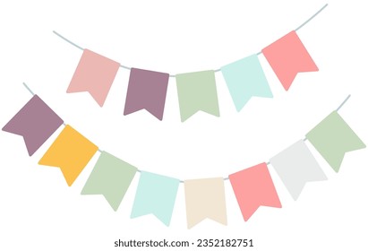 Carnival garland with flags. Decorative colorful party pennants for birthday celebration. Vector party flags in pastel palette. Set of vector bunting party flags. 