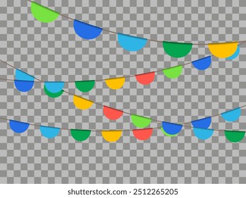 Guirnalda de carnaval con banderas. Banderines coloridos decorativos del partido para la celebración del cumpleaños, el festival y la decoración justa. Fondo de Festiva con banderas colgantes. Vector