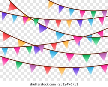 Guirnalda de carnaval con banderas. Banderines coloridos decorativos del partido para la celebración del cumpleaños, el festival y la decoración justa. Fondo de Festiva con banderas colgantes. Vector