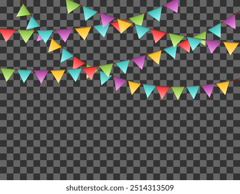 Guirnalda de carnaval con banderas. Banderines coloridos decorativos del partido para la celebración del cumpleaños, el festival y la decoración justa. Fondo de Festiva con banderas colgantes. Vector