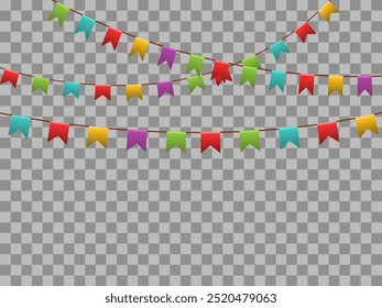 Guirnalda de carnaval con banderas. Banderines coloridos decorativos del partido para la celebración del cumpleaños, el festival y la decoración justa. Fondo de Festiva con banderas colgantes. Vector