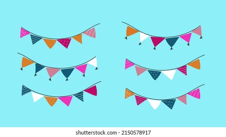 Carnival garland with flags. Festive multicolored triangle for holiday design. Hand drawn doodle style illustration.