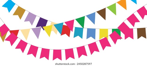 Carnival garland with flags isolated on white background. Decorative colorful pennants for birthday celebration, festival and bright decoration ideas 12