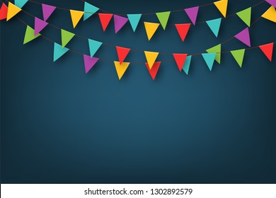 Carnival garland with pennants. Decorative colorful party flags for birthday celebration, festival and fair decoration. Festive background with hanging flags and pennants