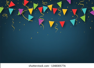 Carnival garland with pennants. Decorative colorful party flags with confetti for birthday celebration, festival and fair decoration. Festive background with hanging flags and pennants