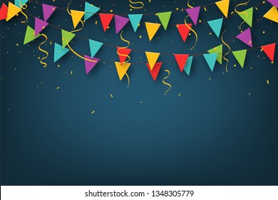 Carnival garland with pennants. Decorative colorful party flags with confetti for birthday celebration, festival and fair decoration. Festive background with hanging flags and pennants