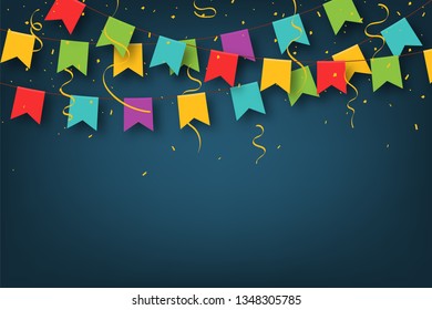 Carnival garland with pennants. Decorative colorful party flags with confetti for birthday celebration, festival and fair decoration. Festive background with hanging flags and pennants