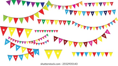 Guirnalda de carnaval con diseño de Vector de banderas triangulares. Banderas de banderines de colores para cumpleaños, fiesta, celebración. Vector eps10