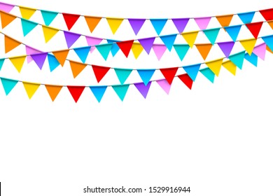 Carnival garlands with colorful flags festive template in realistic style on white background. Vector illustration