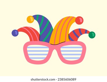 Konzept der Karnevalbrille. Accessoire für Feiertage und Fest. Element der Kleidung für Maskaden. Clown- oder Dschestersonnenbrille. Cartoon-FlachVektorgrafik einzeln auf beigem Hintergrund