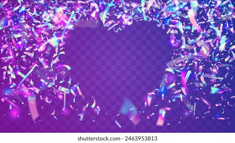 Brillo de carnaval. Gradiente de arte. Explosión. Cinta de cumpleaños. Efecto retro rosa. Anuncio aislado. Explosión iridiscente en lámina. Bandera Caída. Purple Carnival Glitter