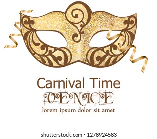 Carnival glitter mask Vector. Masquerade Party. Mardi Gras card invitation. Carnival glittering design. Night Party Poster. Dance Flyer. Musical Banner templates