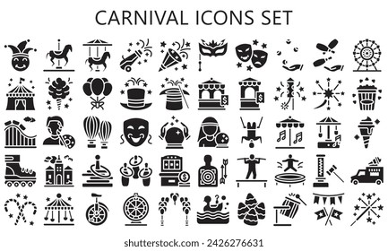 Carnival glyph icon set. contain carousel, confetti, mask, magician hat, fireworks and more. best for UI or UX kit, web and app development. vector EPS 10.