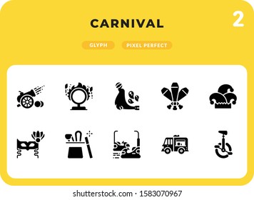 Carnival Glyph Icons Pack for UI. Pixel perfect thin line vector icon set for web design and website application.
