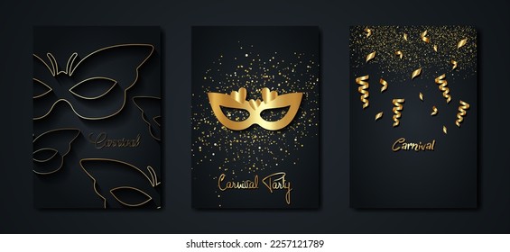 Carnival gold and black posters set, flyer or invitation design. Festive Golden cards. Vector illustration. Elegant luxury tickets with pattern and emblem. Place for your text message. Banners