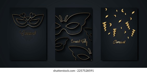 Carnival gold and black posters set, flyer or invitation design. Festive Golden cards. Vector illustration. Elegant luxury tickets with pattern and emblem. Place for your text message. Banners