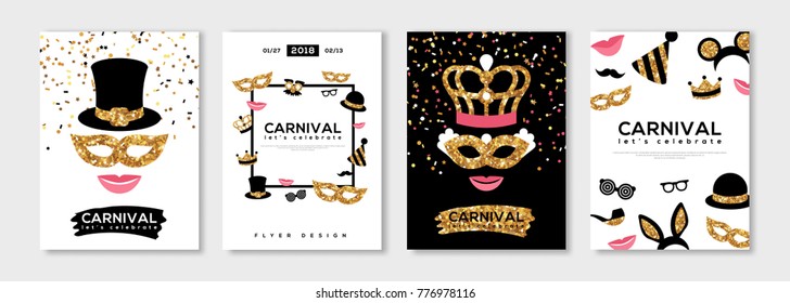 Carnival gold and black posters set, flyer or invitation design. Vector illustration. Funfair funny tickets with pattern and emblem. Place for your text message.