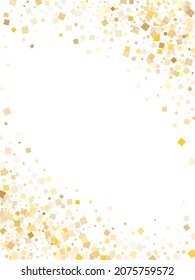 Carnival gold confetti sequins sparkles scatter on white. Glittering Christmas vector sequins background. Gold foil confetti party elements illustration. Square pieces surprise backdrop.