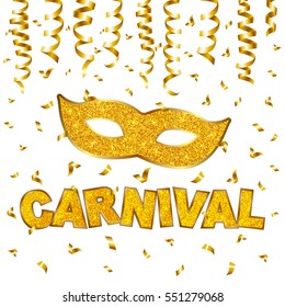 Carnival gold glitter texture mask and serpentine. Mardi Gras holiday card design template. Vector Illustration.