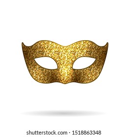 Carnival Gold Glittering Mask Icon. Masquerade, Mardi Gras Or Night Party Part Of Dressing. Mystery And Secret Concept Design Element