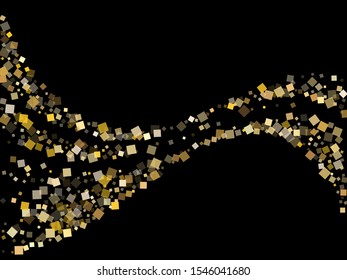 Carnival gold square confetti sparkles scatter on black. Glittering Christmas vector sequins background. Gold foil confetti party glitter illustration. Many pieces surprise backdrop.