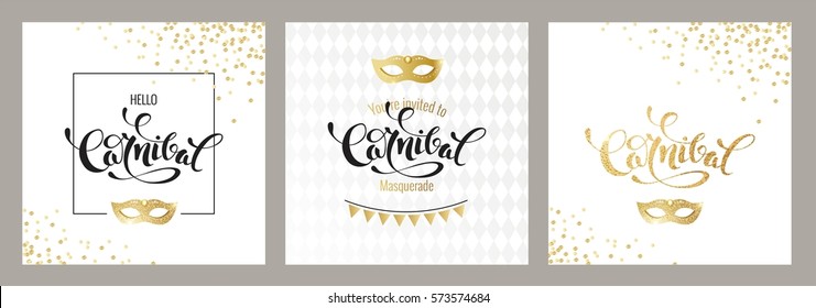 Carnival Golden Cards. Gold And Black Script And Mask. Masquerade Invitation Design. Vector Illustration