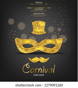 Carnival golden glitter mask Vector realistic. Man style. Masquerade Party. Mardi Gras card invitation. Night Party Poster. Dance Flyer. Musical festival banner templates