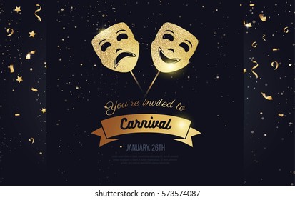 Carnival golden greeting card. Celebration background with  sparkling golden masks, ribbon and confetti. Vector illustration