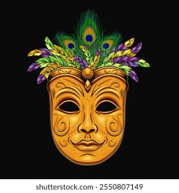 Carnival golden luxury venetian face mask with bundle of colorful feathers on top. Detailed illustration in vintage style. Mardi Gras decoration. Front view.