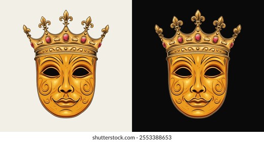 Carnival golden luxury venetian face mask with crown with red gemstones ruby, fleur de lis sign on points. Detailed illustration in vintage style. Front view.