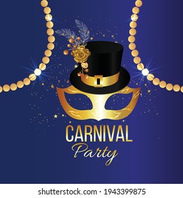 Carnival golden mask on purple background 